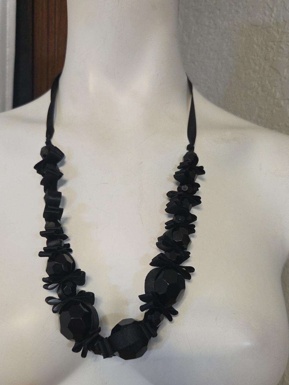 Hand Crafted Black Beaded Ribbon Necklace